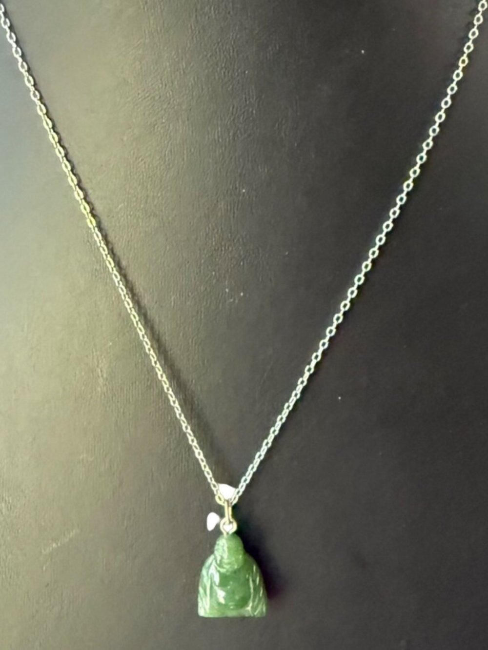 Necklace Green Buddha Pendant Lucky Spiritual Gift Idea Silver Tone 17 inches